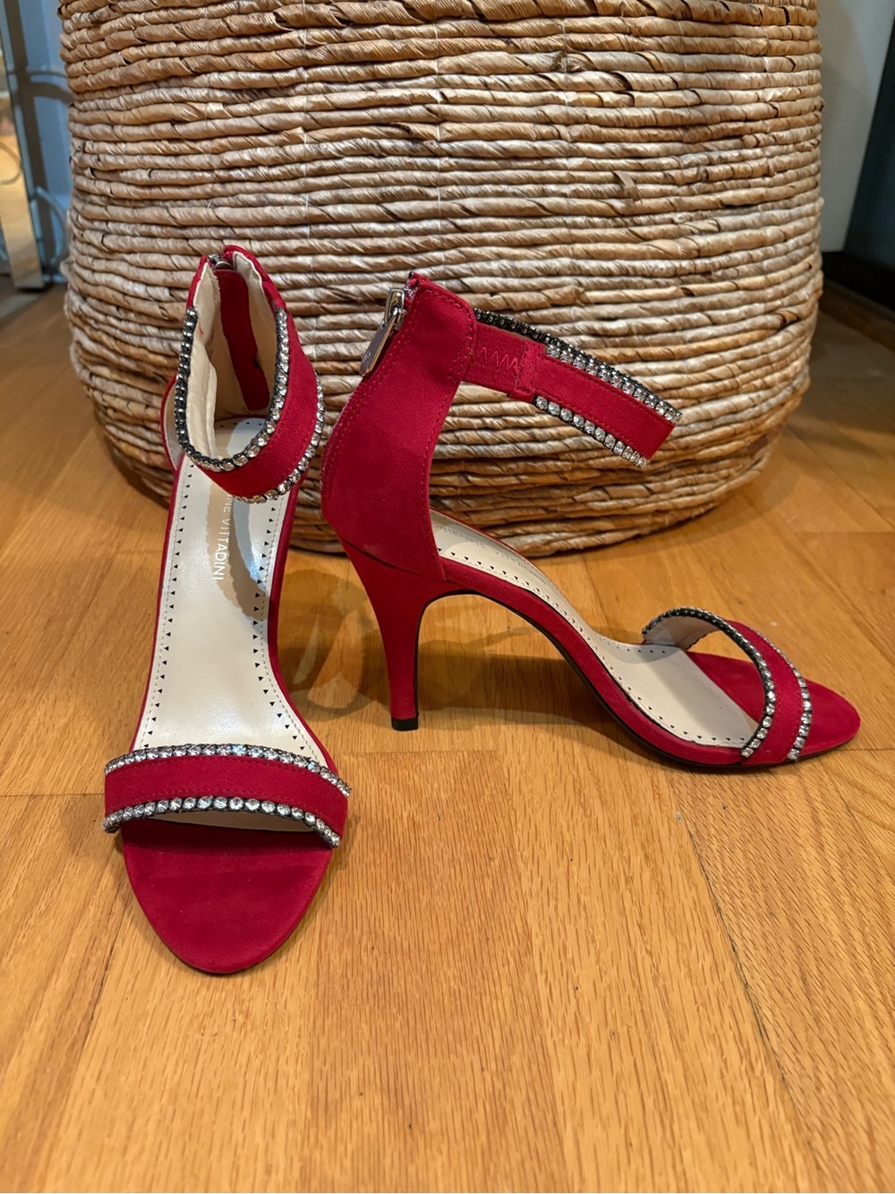 Adrienne Vittadini Red Faux Suede Rhinestone Ankle Strap Heels - Size 9M